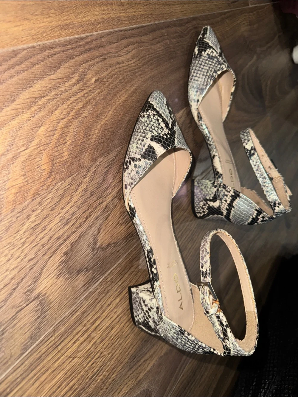 Aldo Snake-Print Pointed Toe Ankle Strap Heels - Black & Cream